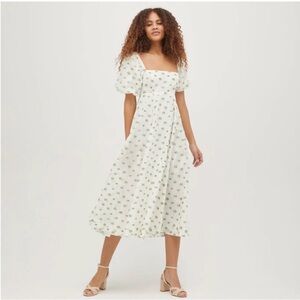 Hill House White Midi Dress with Green Floral Print